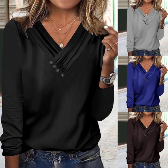 qolati Plus Size Tops for Women 2023 Casual Ruched Button V Neck Long Sleeved Tees Shirts Loose Fit Basic Solid Color Dressy Tunic Blouse Fall Clothes