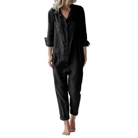 YOTMKGDO Jumpsuits for Women Long Sleeve Bodysuit Women s Cotton Linen Loose Lapel Long Sleeve Button with Pockets Jumpsuit  Sizes S-3XL
