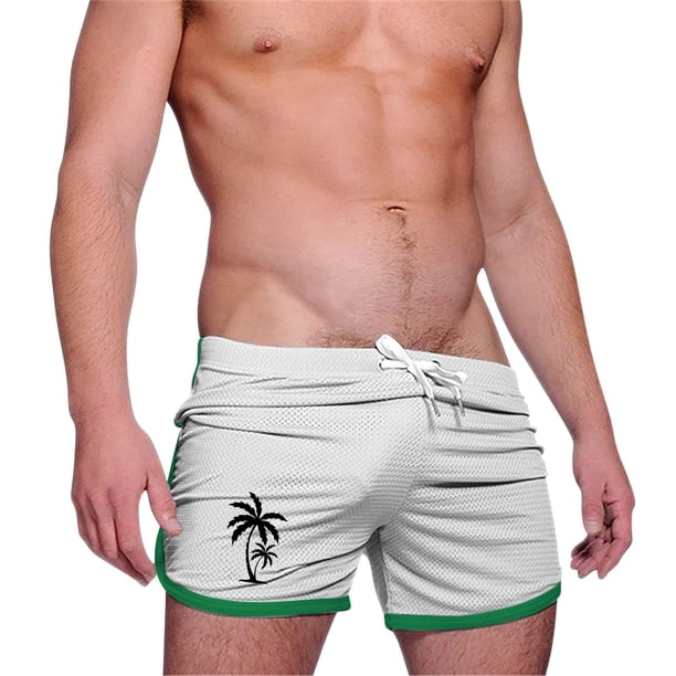 Pantalones Cortos Casuales de la Malla de la Impresión Del Árbol de Palma de los Hombres Tres Cuartos de Pantalones Cortos Deportivos, Pantalones Cortos de Entrenamiento de Ejercicio Respirables con B