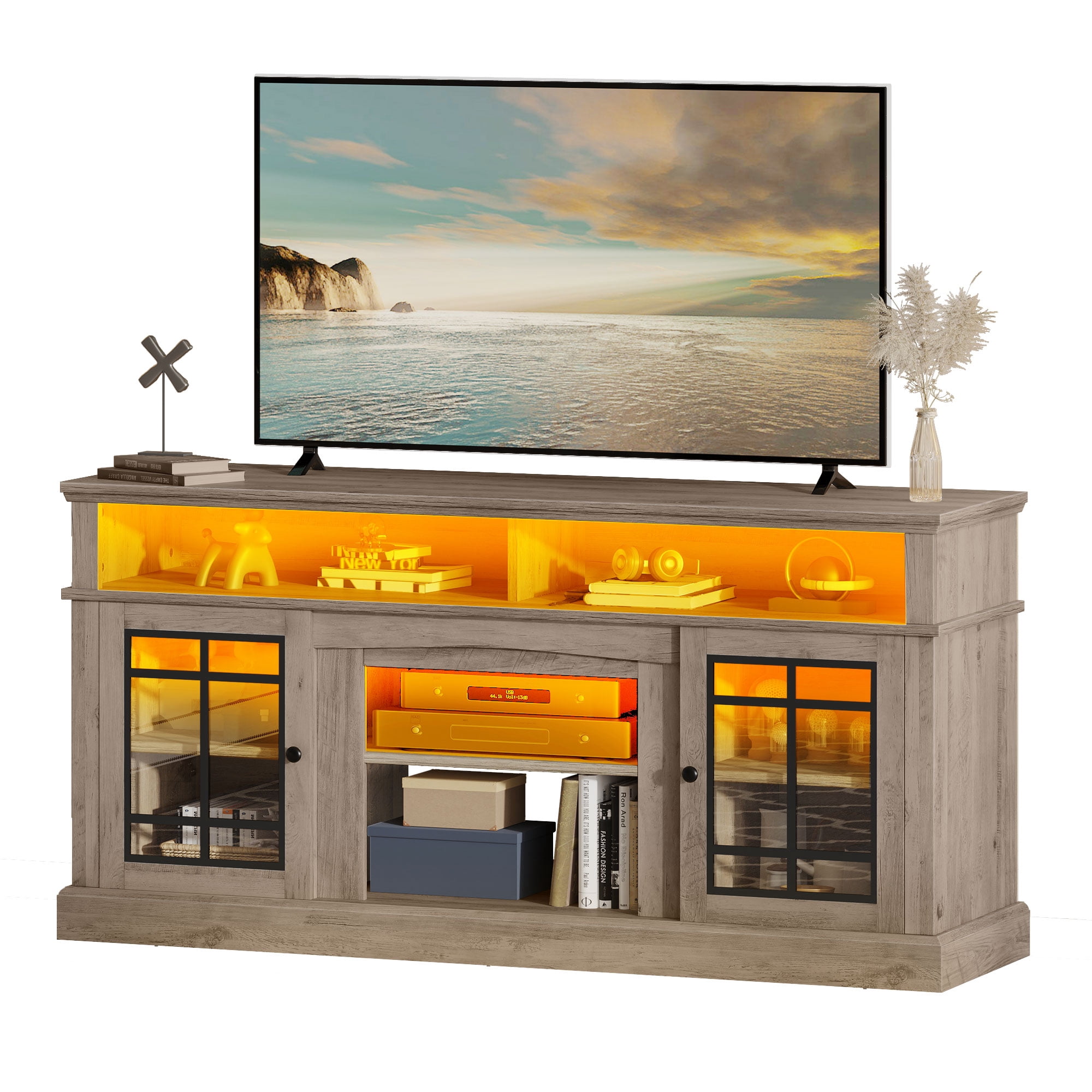 Uforic Modern Entertainment Center with LED Light, TV Stand TV Media Console Table for 75 Inch TV, Pine Grey