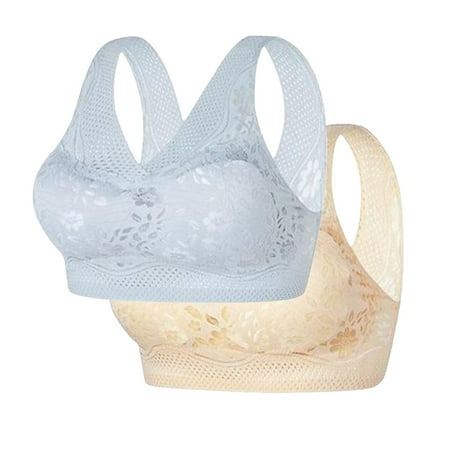 REORIAFEE No Underwire Bras for Women 2PC Gathered Together Wirefree Bras Solid Brassiere Comfy Wide Strap Breathable Corset Underwear Comfortable Classic Support Lingerie Beige XL