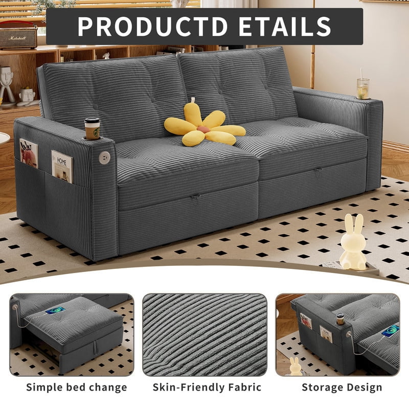 72.6" Convertible Sofa Bed, 2-in-1 Sleeper Sofa with USB Charging Ports & Side Pockets, Modern Corduroy Upholstered Sofa Couch with Steel Frame for Living Room, Bedroom, Apartment