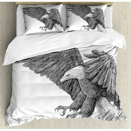 Black And White Duvet Set Eagle Queen Size Duvet Cover Set, Black and White Pencil Drawing Style Eagle with Detailed Features Wild Nature, Decorative 3 Piece Bedding Set with 2 Pillow Shams, Black Grey White, by Ambesonne ()