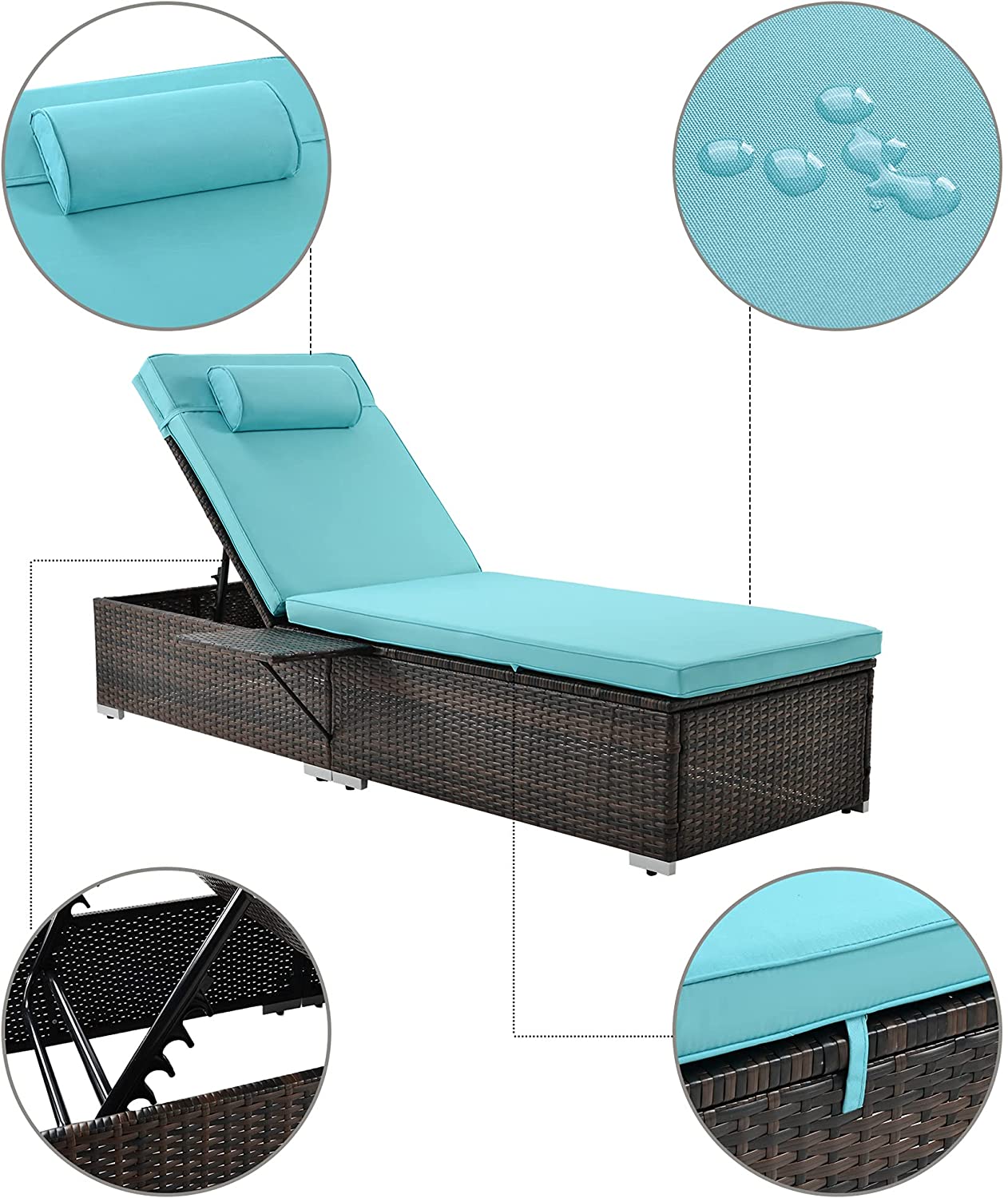 Outdoor PE Wicker Chaise Lounge, 2 Piece Patio Brown Rattan Reclining Chair Furniture Set, Adjustable Backrest Recliners with Side Table and Comfort Head Pillow(Blue) - image 4 of 18