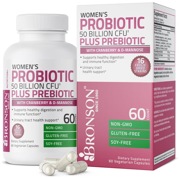 Bronson Women's Probiotic 50 Billion CFU   Prebiotic with Cranberry & D-Mannose - Healthy Digestion, Immune Function and Urinary Tract Support, Non-GMO, 60 Vegetarian Capsules