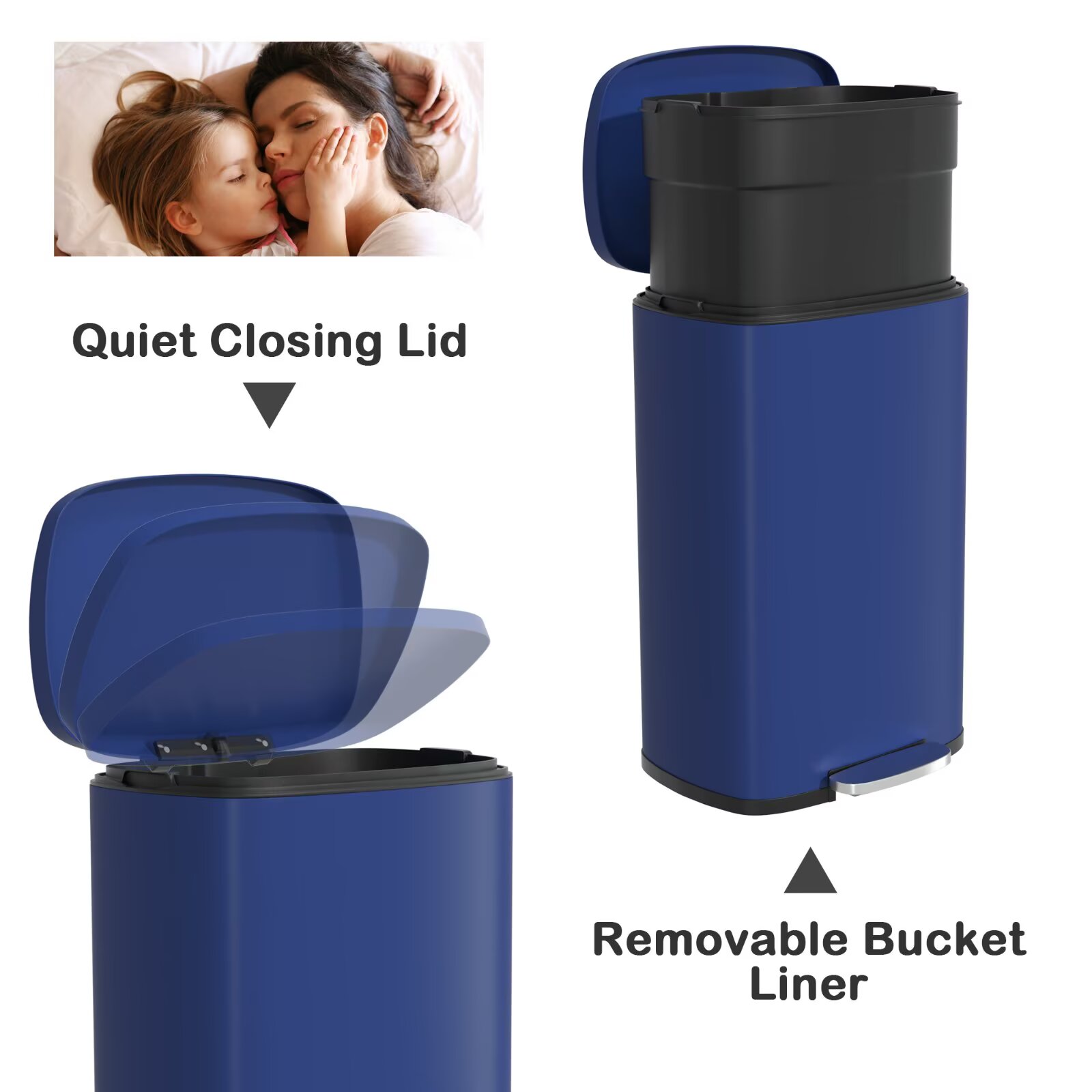 YRLLENSDAN 50 Liter/13 Gallon Stainless Steel Trash Can, Garbage Can with Lid and Removable Inner Bucket, Fingerprint Proof Trash Bin for Bathroom Kitchen Bedroom Office, Deep Blue