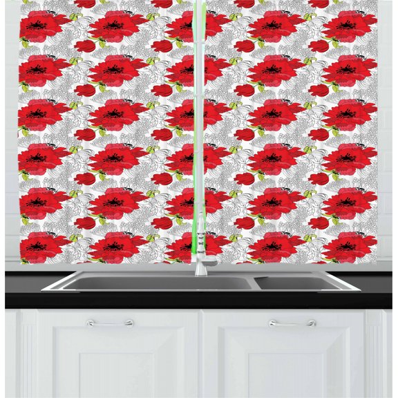 Ambesonne Flower Kitchen Curtains, Bouquet of Spring Blooms, 55"x39", Green Vermilion Black