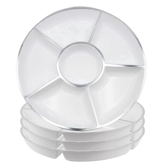 Impresserve 6 Sectional Round Plastic Serving Tray 12 inch White & Silver 4 pack Disposable Reusable Snack Table Tray
