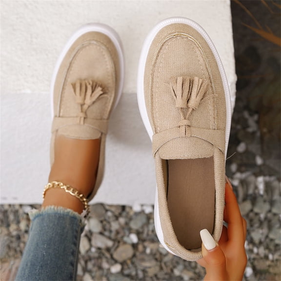 Domuza Women’s Tassel Platform Loafers, Slip On Canvas Wedge Walking Shoes Non-Slip Casual Daily Footwear Khaki 10(EU-43)