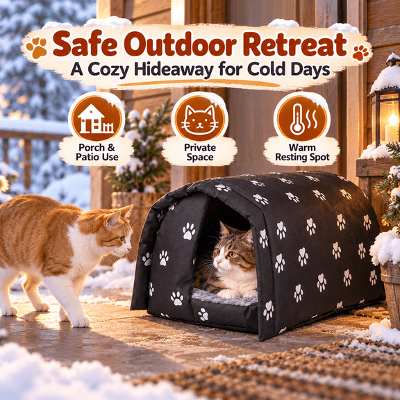 Cat Shelter Winter Outdoor, Black Arch Foldable House, Padded Waterproof Windproof, Sunscreen Feral Pet House, XL