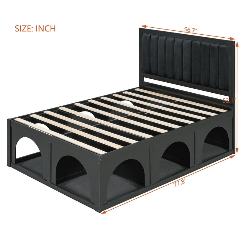 Full Size Pet-Friendly Platform Bed with Under-Bed Pet Nooks, Heavy Duty Wooden Storage Bed Frame with Padded Headboard