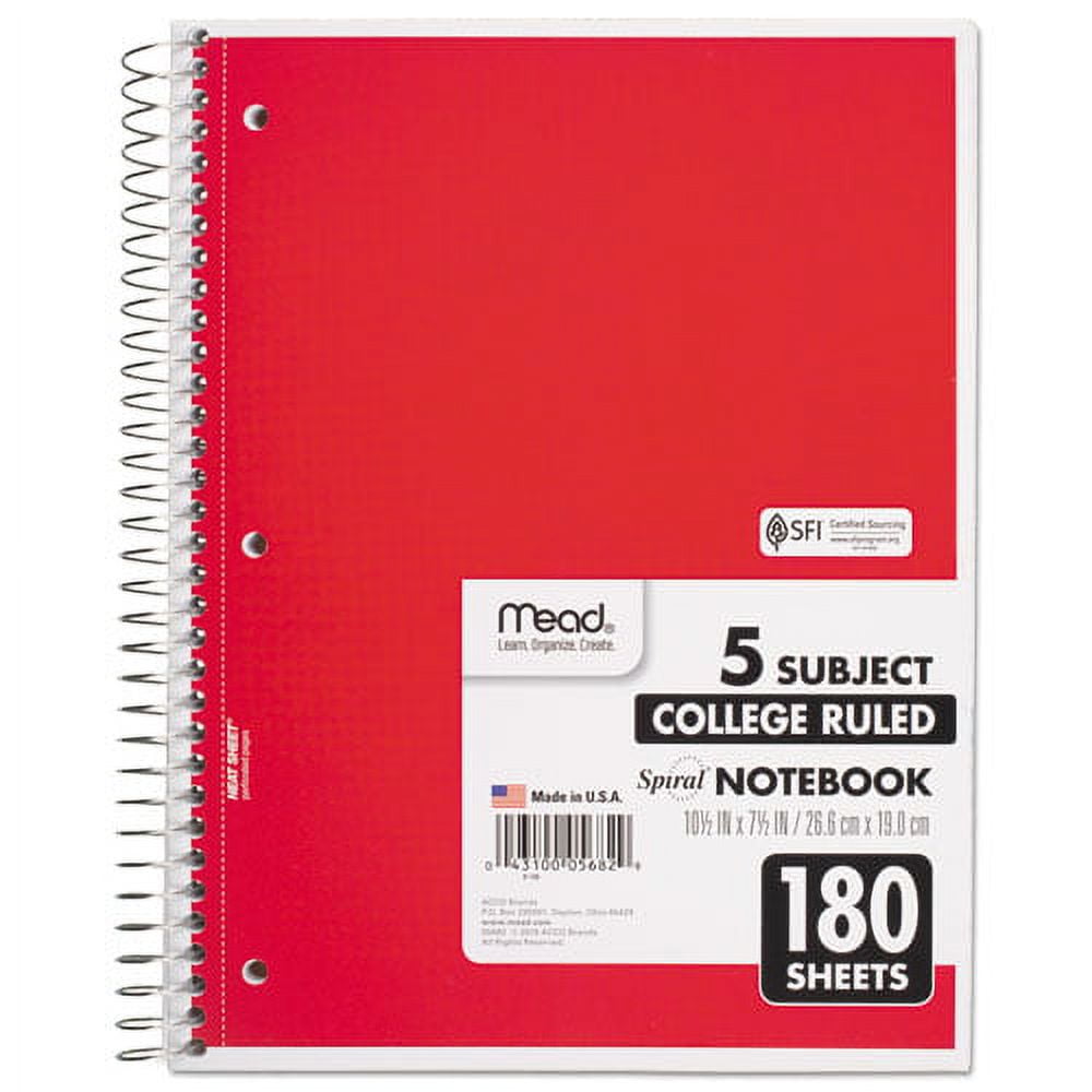 "Spiral Notebook, 5 Subject, Medium/college Rule, Randomly Assorted Covers, 10.5 X 8, 180 Sheets | Bundle of 5 Each"