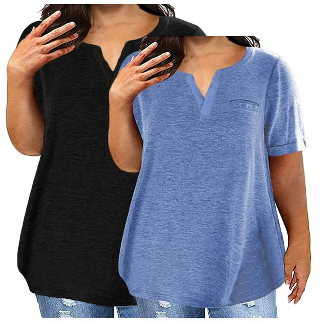 tarylea 2PC Womens Plus Size Short Sleeve Shirts Solid Color T Shirts Round Neck Plain Basic Tees