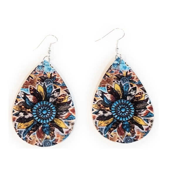 Womens Earrings Sunflower Teardrop Squash Blossom Cheetah Leopard Turquoise Jewelry 3"