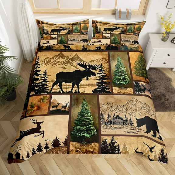 Erosebridal Cute Deer Bear Duvet Cover Twin,Jungle Animal Bedding Sets Twin Size,Retro Rustic Farmhouse Comforter Cover Twin For Teens,Microfiber Bedroom Decor Reversible,2 Pieces(No Comforter)