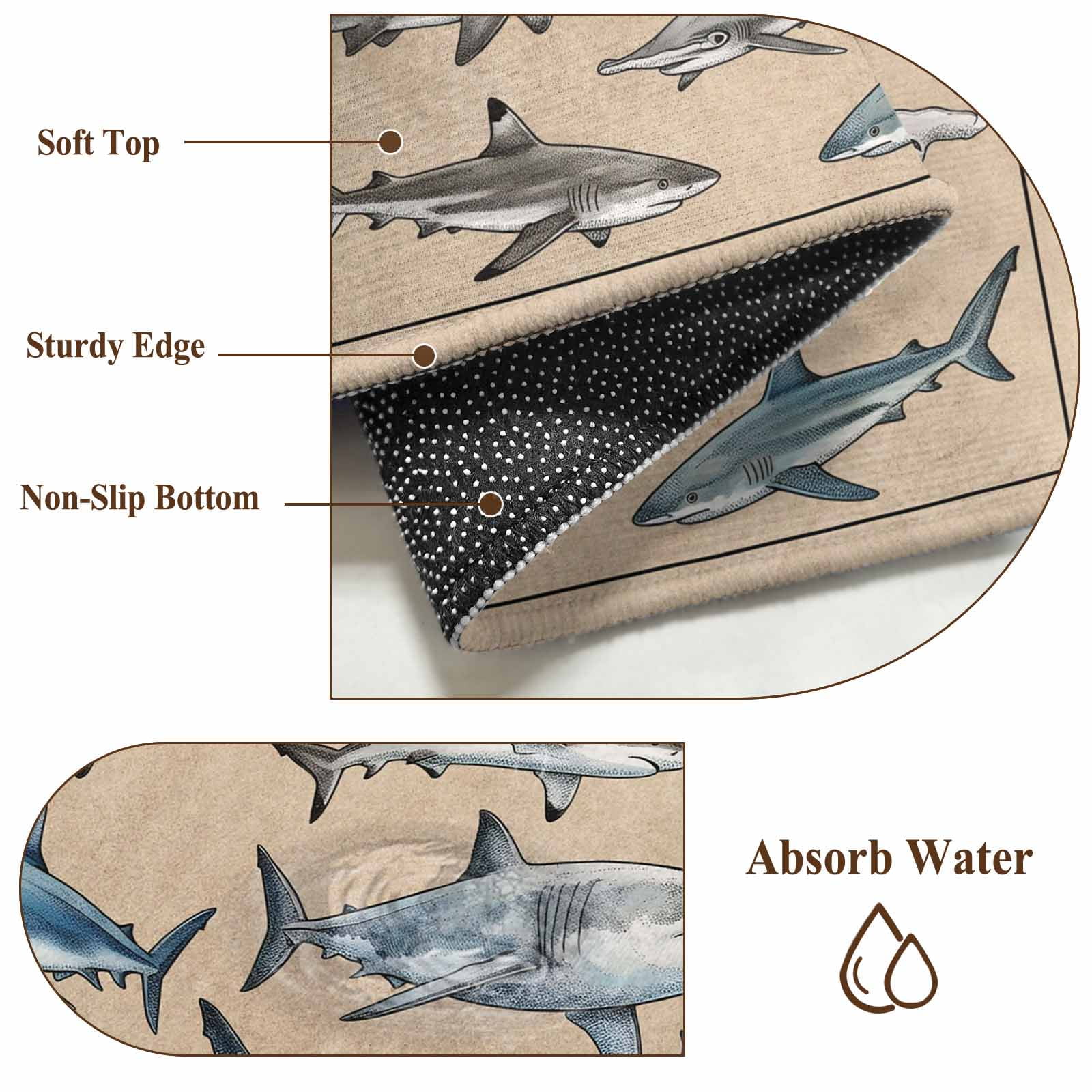Area Rugs 2.7'x5', Ocean Sharks Carpet for Living Room Bedroom Dining Room, Vintage Coastal Underwater Animals Brown Throw Kitchen Rugs Non Slip Washable Rectangle Indoor Outdoor Rugs