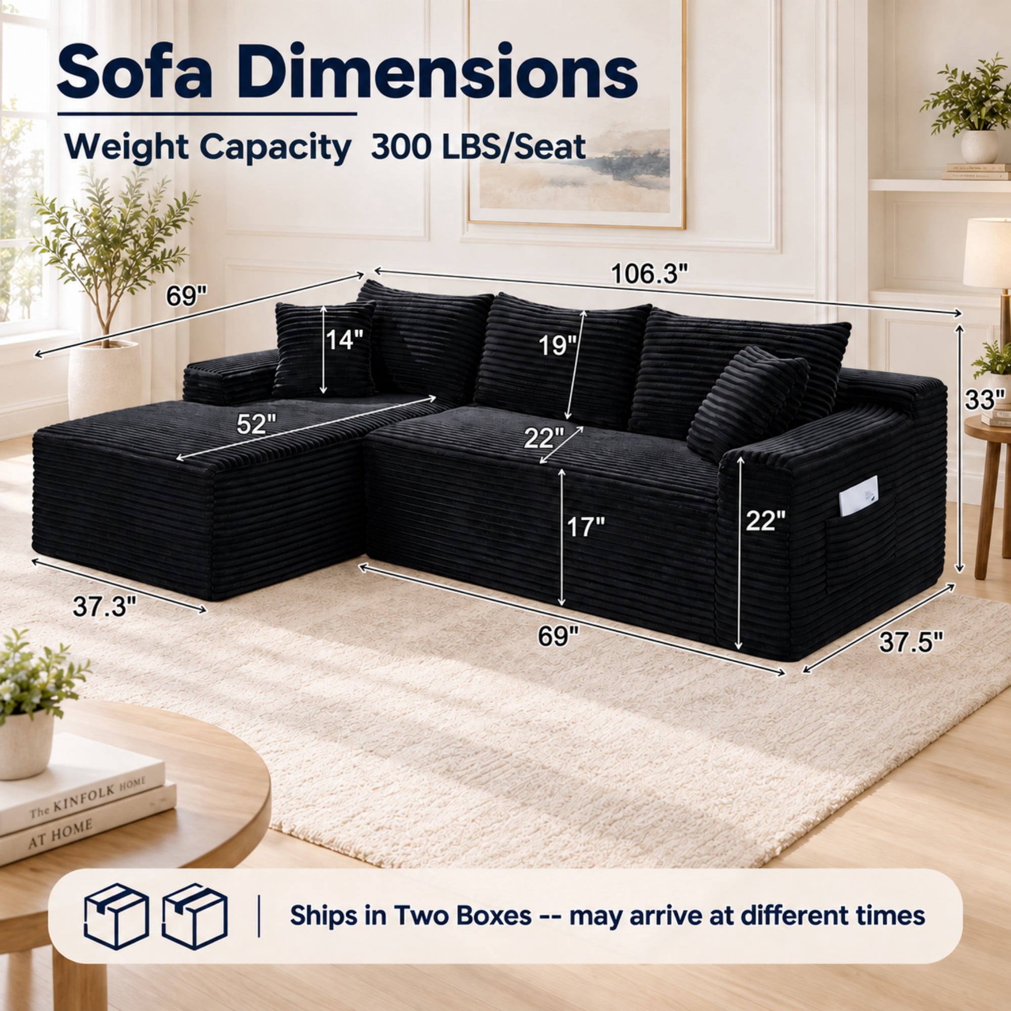DEALTOPS 106" Corduroy L-Shape Sectional Sofa, Modular Floor Cloud Couch with Left Chaise, Black