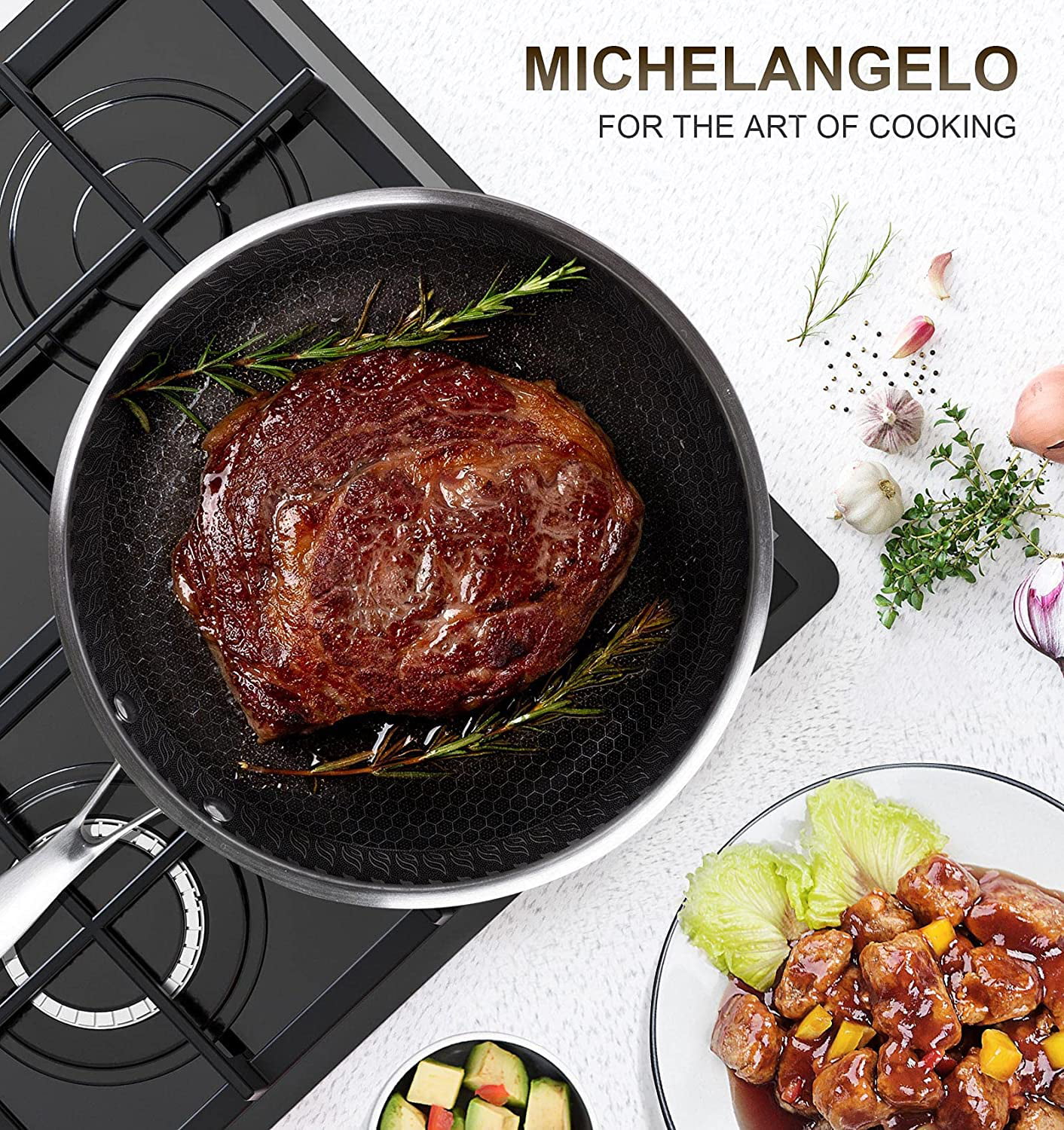 MICHELANGELO Honeycomb Wok Pan with Lid, 12.5 Inch Stainless Steel Woks &  Stir-fry Pans with Stay Cool Handle, Flat Bottom Wok with Vertical Lid
