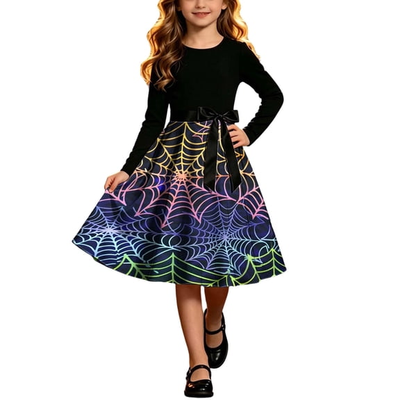 THDHVS Girls Long Sleeve Dress,Girls Halloween Print Long Sleeve Dress Belted Waist Performance Party Wear,Dresses for Girls 5-6 Years