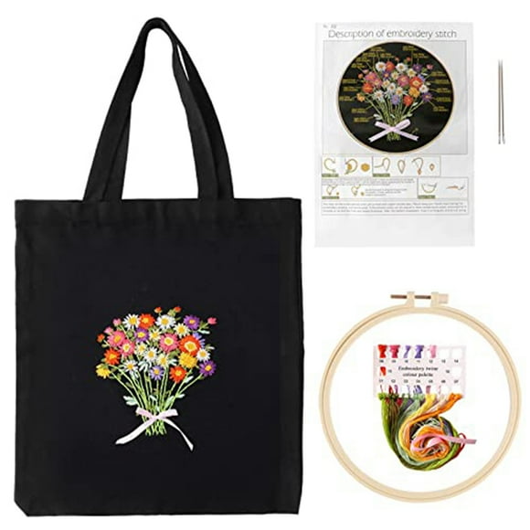 Embroidery Starter Kit for Beginners with 1 Canvas Tote Bag 1 Embroidery Hoop Thread and Needle-A