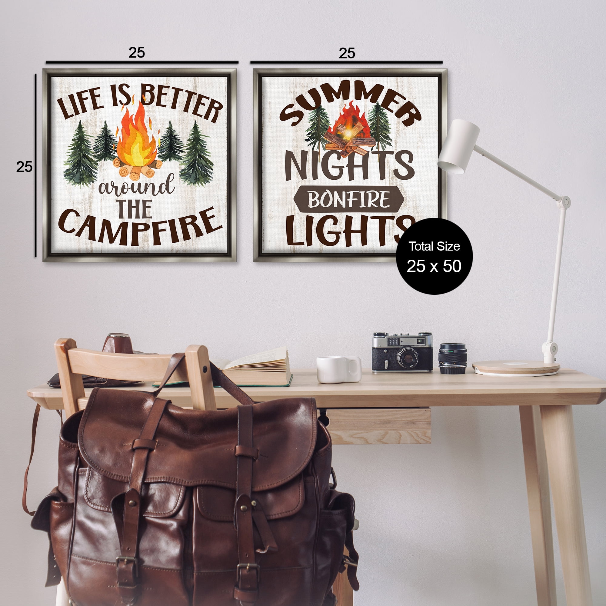 Stupell Industries Summer Nights Campfire Text & Numbers Painting Gray Floater Framed Canvas Art Print Wall Art, 25 x 25, Set of 2