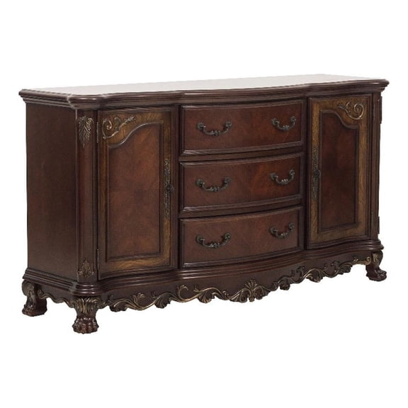 Benjara 2 Doors Cabinet Wooden Buffet with 3 Drawers and Claw Feet- Cherry Brown