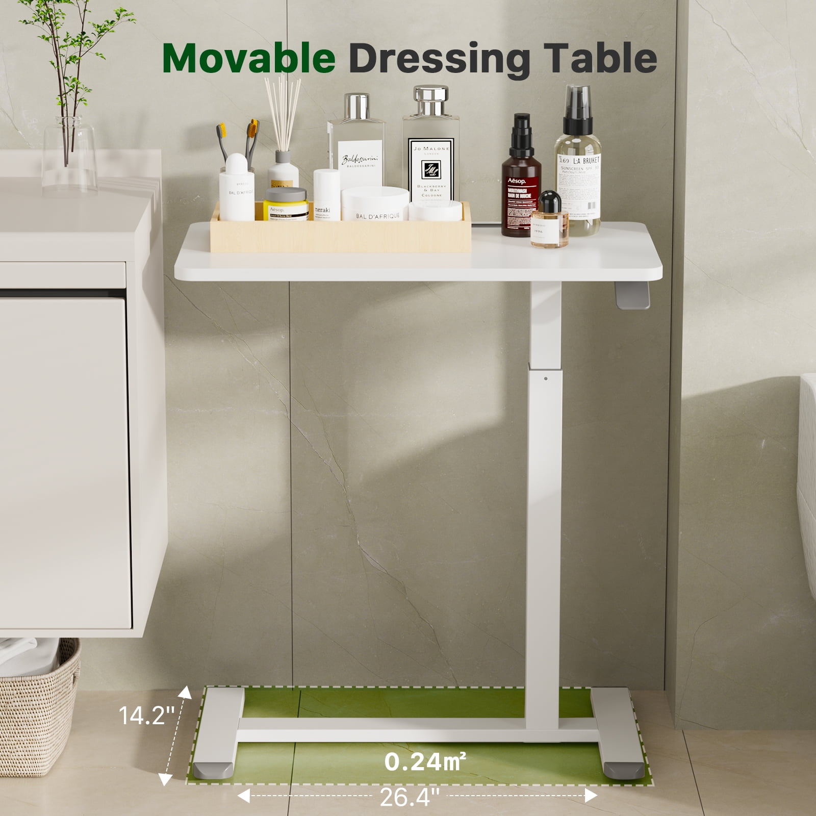 Mobile Standing Desk 27.5inch Adjustable Overbed Bedside Table With Hidden Wheels for Hospital, White