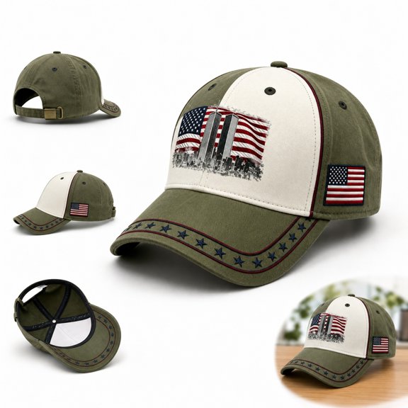 American Patriotic Baseball Cap 9/11 Never Forget 25th Anniversary 2001-2026 Embroidery Hat, USA Flag Patch Vintage Wash Adjustable Dad Hat for Memorial Patriot Day