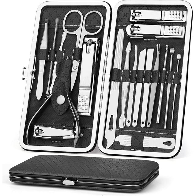 Kit de manicura y pedicura, cortaúñas de 19 piezas, cizalla para uñas, se puede llevar a casa o de viaje, herramientas de cizalla de acero inoxidable, kit de manicura para hombres y mujeres