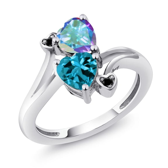Gem Stone King 925 Sterling Silver Mercury Mist Mystic Topaz London Blue Topaz and Black Diamond Ring for Women (1.98 Cttw, Heart Shape 6MM, Gemstone Birthstone, Size 8)