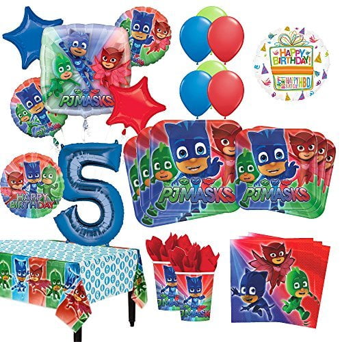 PJ Masks 5th Birthday Party Supplies 16 Guest Kit and Balloon Bouquet 