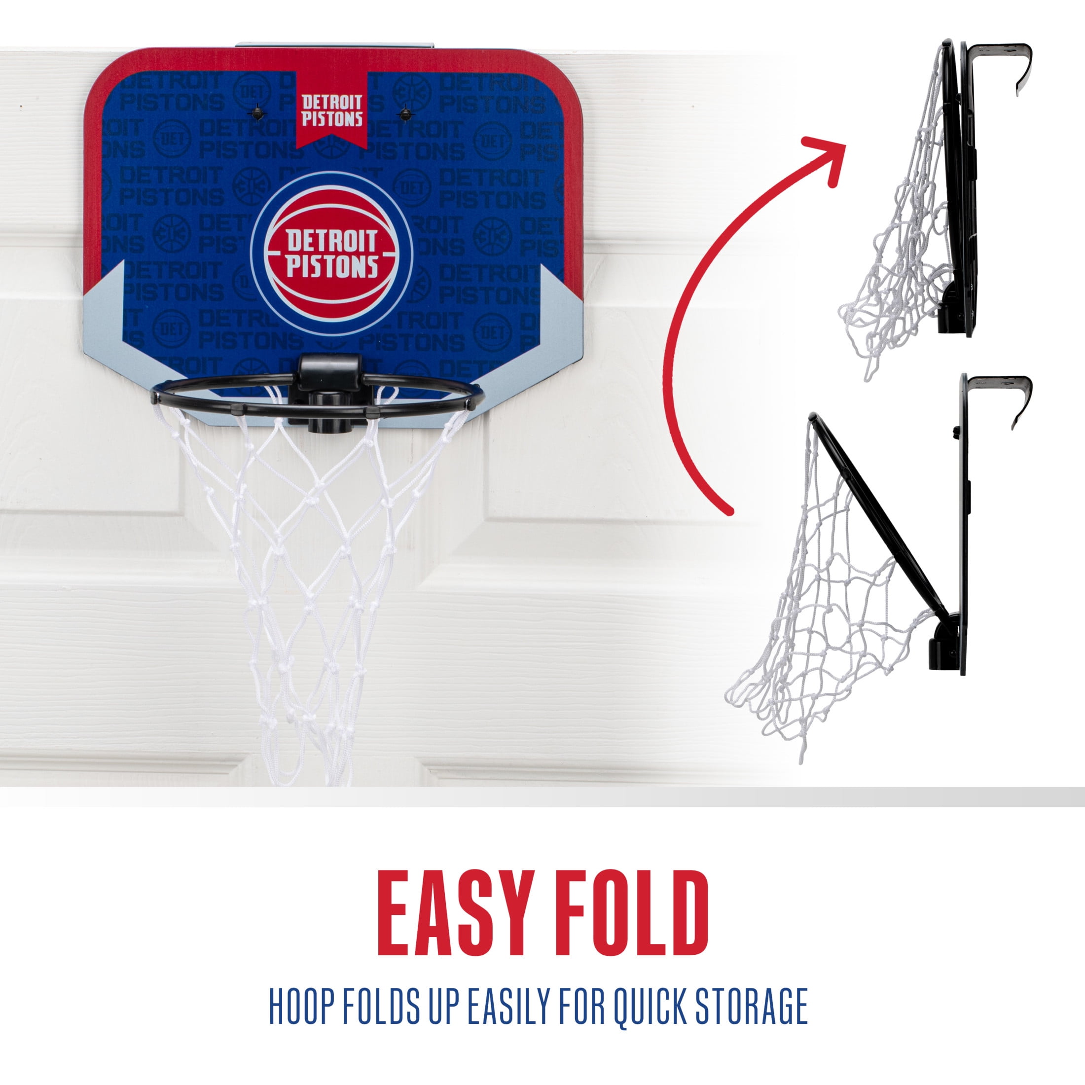 Franklin Sports NBA Detroit Pistons Mini Over the Door Basketball Hoop - Kids Indoor Mini Basketball Hoop with Basketball - NBA Fan Shop Mini Hoop for Bedroom + Office - Over the Door Mini Hoop Set