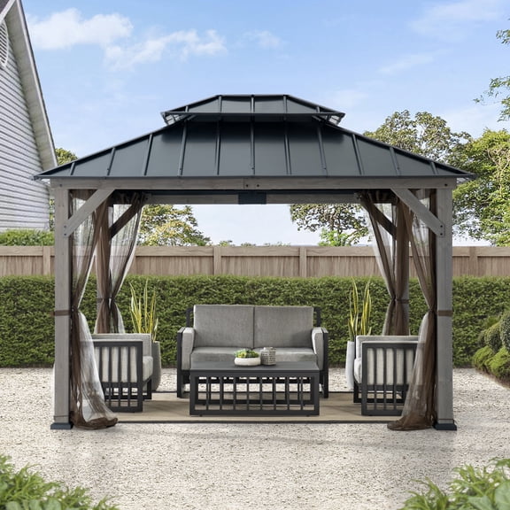 Sunjoy 10x12 ft. Outdoor Cedar Wood Gazebo with Mosquito Netting ,Galvanized Steel Roof, LED String Lights,Black