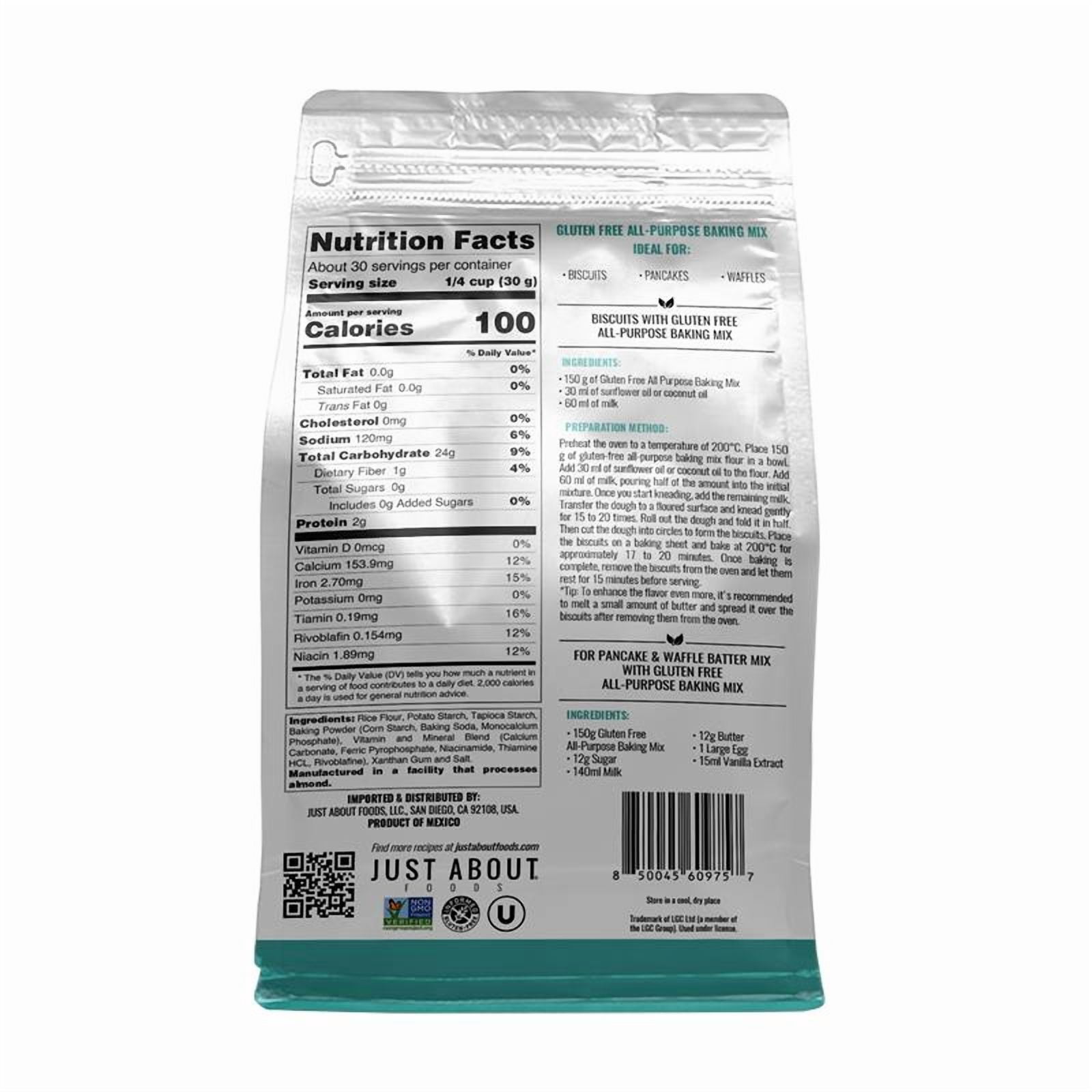Just About Foods Gluten-Free All-Purpose Baking Mix, 32 oz (2 lb), 1:1 Wheat Flour Substitute, Pancakes, Waffles, Cakes & More