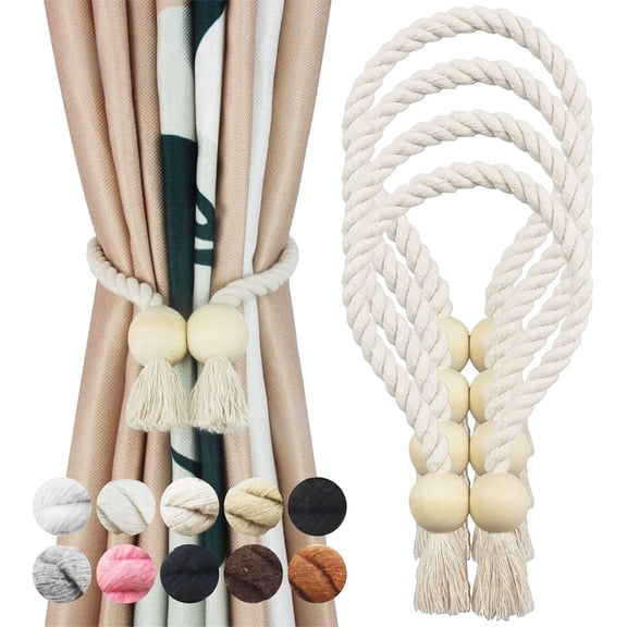 4 Pack Magnetic Curtain Tiebacks Cotton Hand Woven Tie Back Decorative Rope Holdbacks for Curtains Draperies No Tools Required, Beige