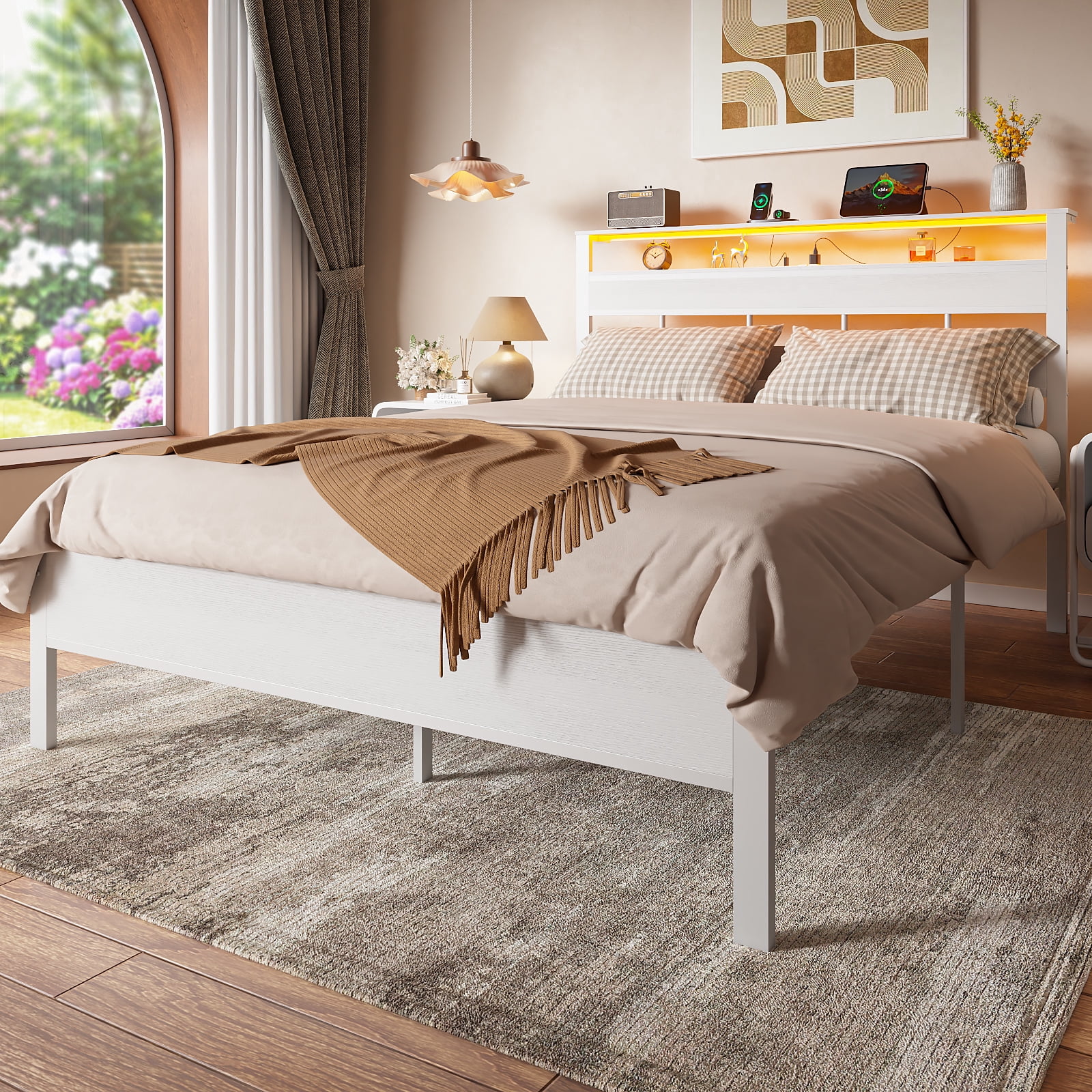 Tydimor Queen Bed Frames with Wood Headboard & 2-Tier Storage Shelves, Queen Size Platform Bed with Charging Station and LED Lights, No Box Spring Needed, White