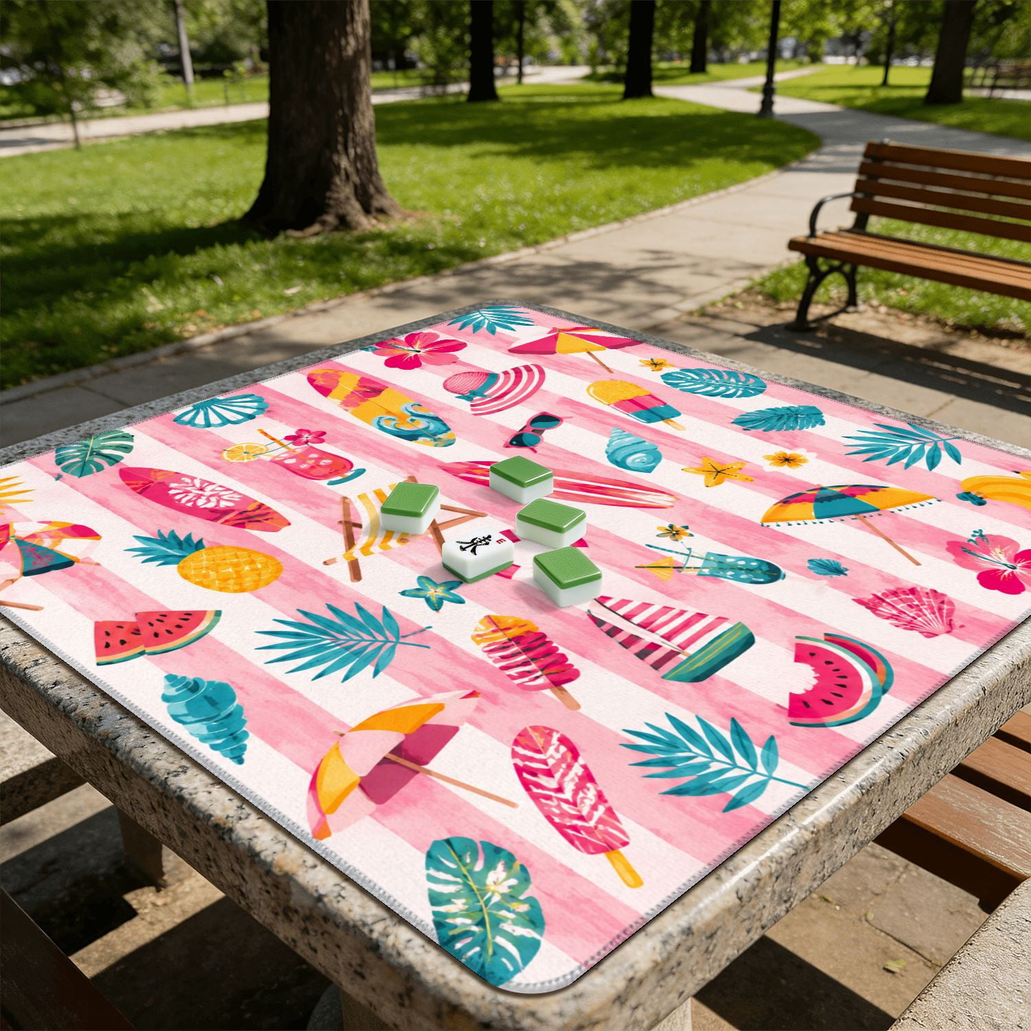 Mahjong Mat 31.5" x 31.5" Colorful Tropical Seashells Flowers Fish Frog Pink Stripes Non-Slip Noise Reduction American Mahjong Tiles Table Cover for Dominoes Poker Card Board Games Gift