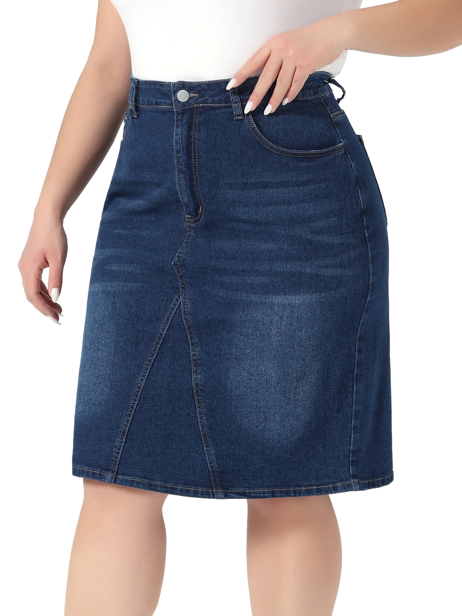 DARING DIVA Women's Plus Summer High Waist Knee Length Denim Skirt 3X Dark Blue