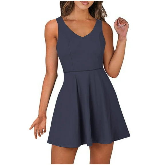 Lovskoo Womens Summer 2024 Tennis Mini Dress Built-In Shorts Beach Vacation Athletic Sleeveless Skort Sundresses with Pockets Navy S