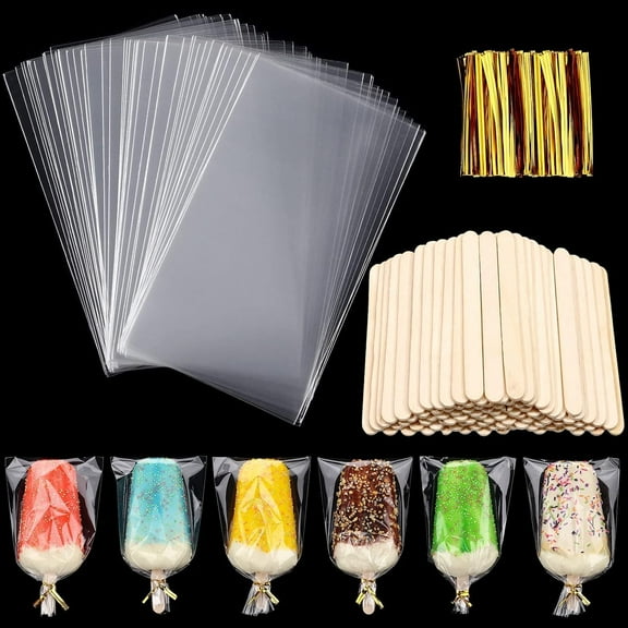 Lsupdaol 100 Pieces DIY Ice Cream Bags Disposable Clear Ice Pop Plastic Bags and 100 Pieces Wooden Sticks and 100 Gold Metallic Twist Ties for DIY Making Supply