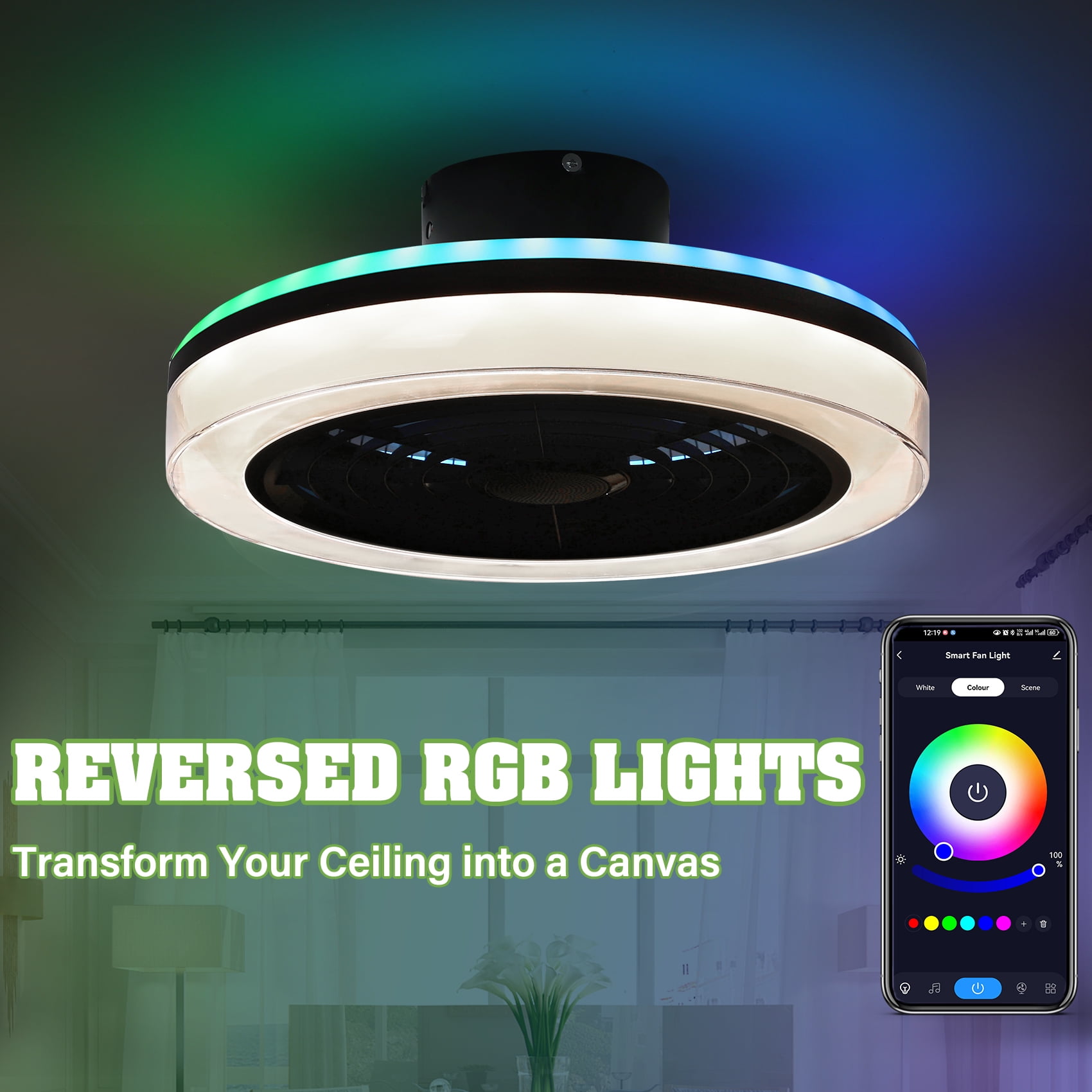 TCFUNDY 18" Smart Ceiling Fan w/ Light, RGB & LED, Smart Control Compatible with Voice Assistant Alexa/Google/Siri, Built-in Bluetooth Speaker, Bladeless Fan w/ 6 Speeds & Reversible, White