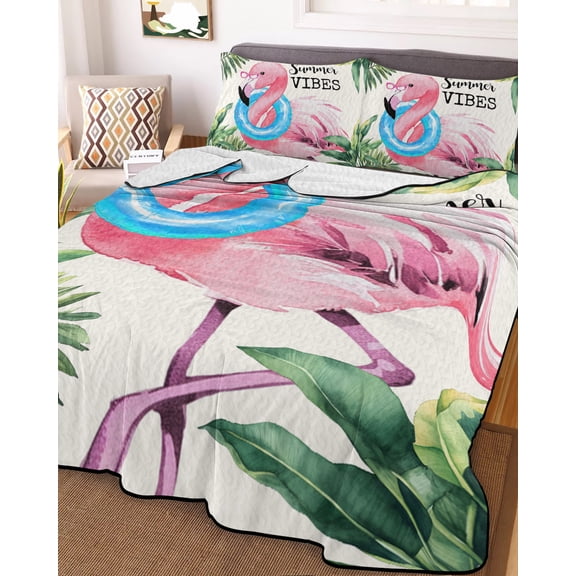 Summer Pink Flamingo Twin XL Size Down Alternative Comforter, Lightweight Comforter Quilt Bedding Set with Pillow Shams Beach Tropical Palm Leaves All Seasons Bed Comforter Duvet Insert 68"x98"