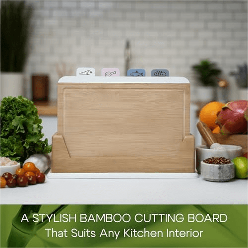 Wooden Cutting Boards for Kitchen – 5-Pcs Cutting Board Set with Holder – Natural Bamboo Chopping Board with Juice Groove – Ideal for Vegetables, Meat, Fish, Bread.