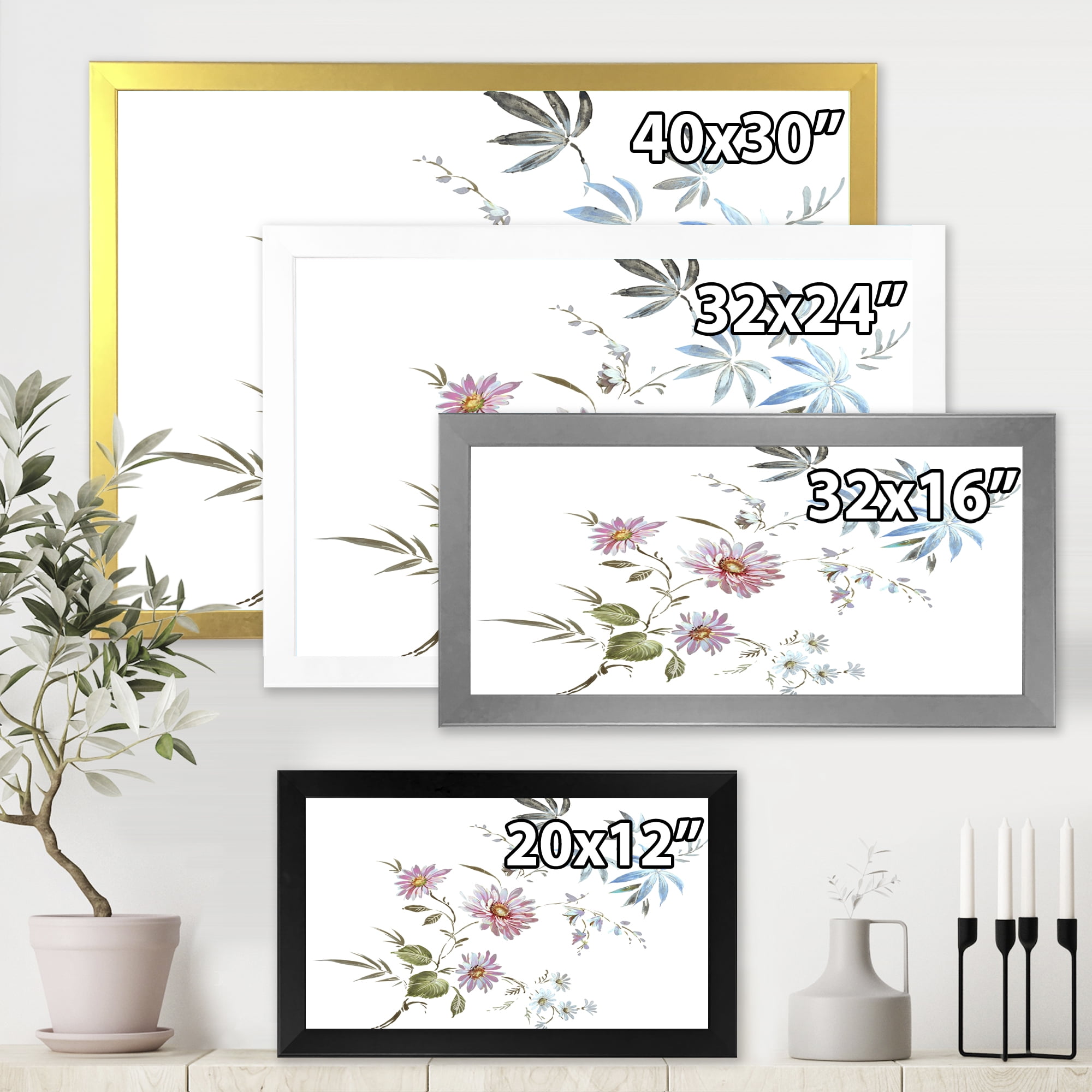 Designart 'Pink and Blue Wildflowers I' Traditional Framed Art Print