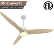 Sofucor 56" Wood Ceiling Fan with Light and Remote, 3 Blades with Reverse Airflow, White