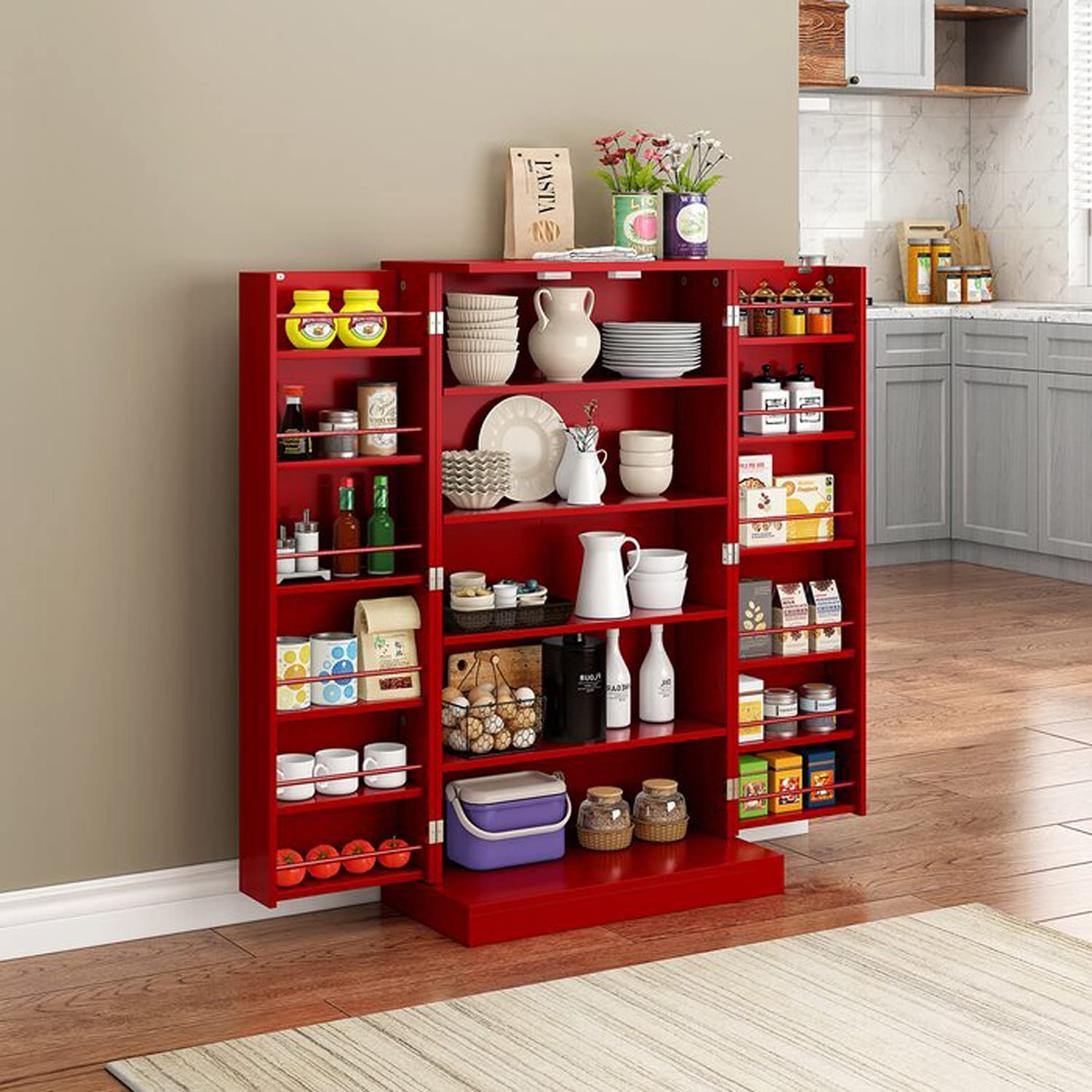 HOMEFORT 41" Kitchen Pantry, Farmhouse Pantry Cabinet, Storage Cabinet with Doors and Adjustable Shelves (Red) - image 5 of 5