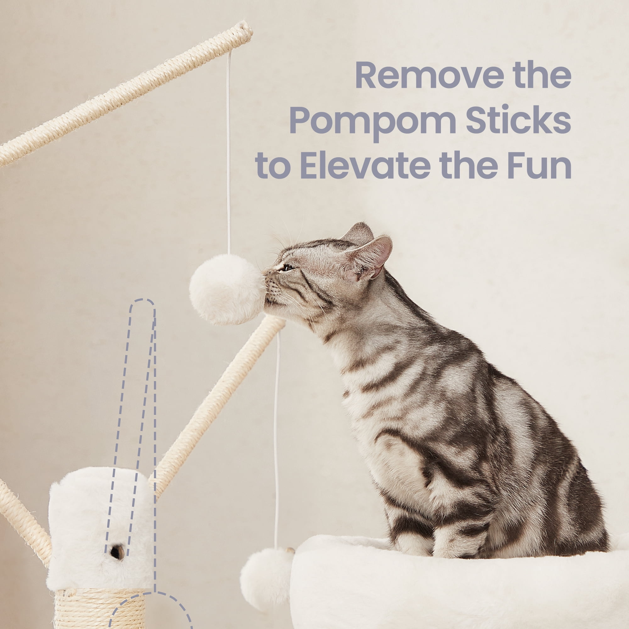 LEDREM 59-Inch 2-in-1 Cat Tree, Litter Box Enclosure, Modern Cat Tower with Scratching Posts, Removable Pompoms, Space-Saving Design, Greige