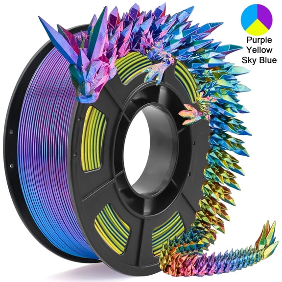 Tricolor Silk PLA 3D Printer Filament 1.75mm, Multicolor Purple Sky Blue and Yellow 3D Printing Filament, 250g (0.55lbs)