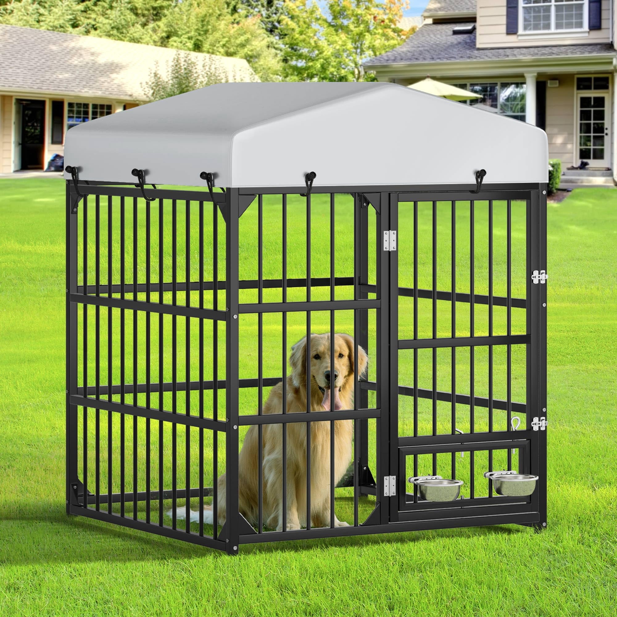 Outdoor Dog Enclosure With Rotating Feeder Bowls  4'l X 4'w 5'h Outside Kennel Roof Heavy Duty Cage For Small Medium Dogs
