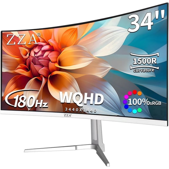 ZZA 34" Curved Gaming Monitor - 165Hz/180Hz WQHD (3440x1440P) UltraWide, FreeSync, 100% sRGB, HDMI 2.1 & DP 1.4, PBP Mode, Wall-Mountable - White
